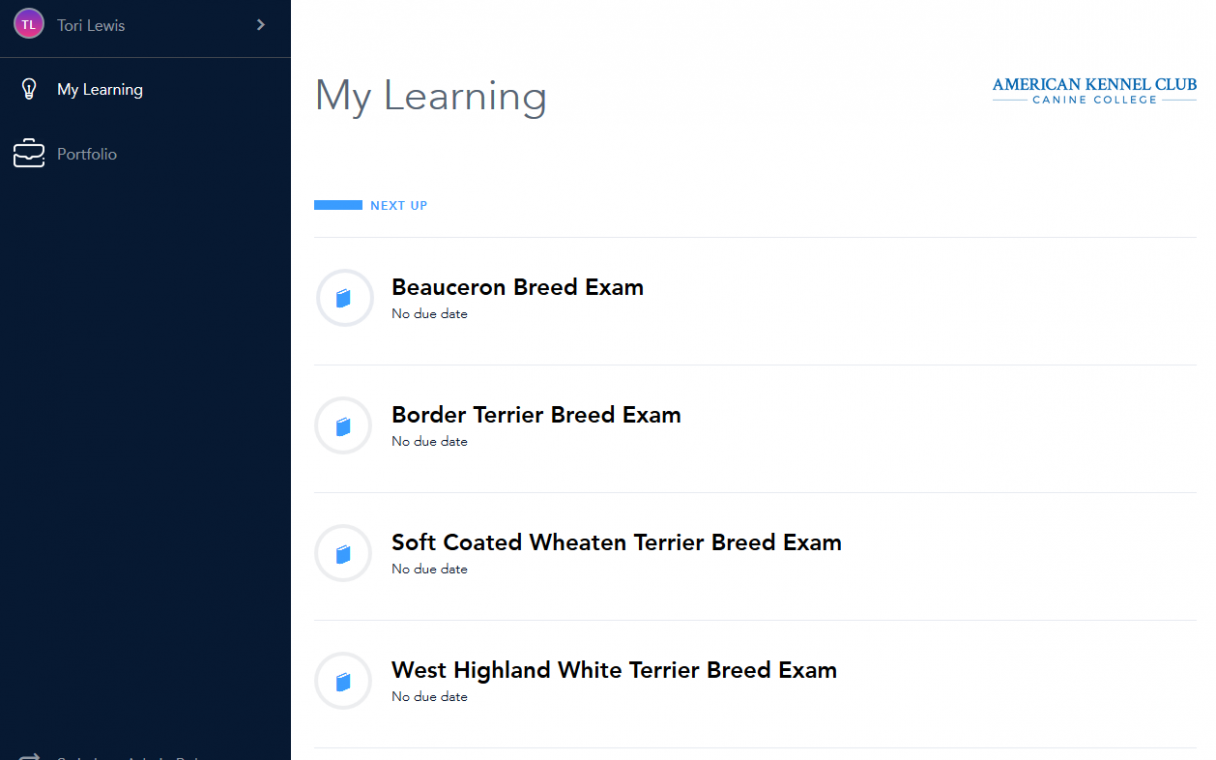 What is seen when you first log in on the my learning page